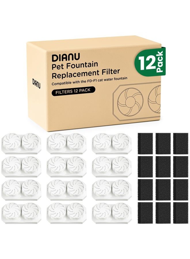 DIANU Official Cat Water Fountain Replacement Filters & Pre-Filter Sponges for 3.2L/108oz Stainless Steel Pet Fountain (12 Pack) - Image 1