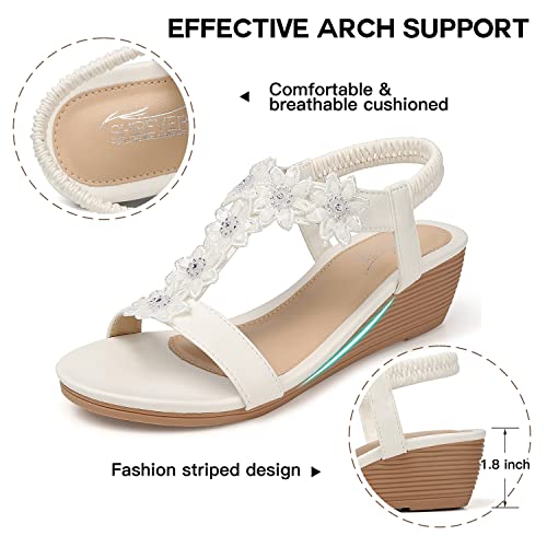 SHIBEVER Wedge Sandals for Women Dressy: White Size 8.5 Summer Platform Boho Flower Dress Sandals - Comfortable Low Wedges Womens Sandal - Image 3