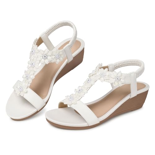 SHIBEVER Wedge Sandals for Women Dressy: White Size 8.5 Summer Platform Boho Flower Dress Sandals - Comfortable Low Wedges Womens Sandal - Image 1