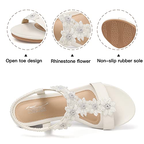 SHIBEVER Wedge Sandals for Women Dressy: White Size 8.5 Summer Platform Boho Flower Dress Sandals - Comfortable Low Wedges Womens Sandal - Image 2