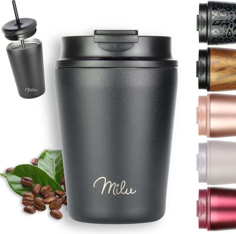 Milu Thermal Mug 300 ml, 400 ml, 500 ml - 100% Leak-Proof - Stainless Steel Coffee Mug to Go Insulated with Straw Keeps Hot for 10 Hours / 20 Hours Cold, BPA-Free (Black, 300 ml) - Image 1