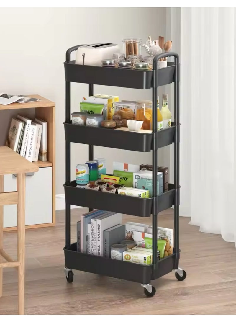 4-Tier Plastic Rolling Utility Cart with Handle, Multi-Functional Storage Trolley for Office, Living Room, Kitchen, Movable Storage Organizer with Wheels - Image 1