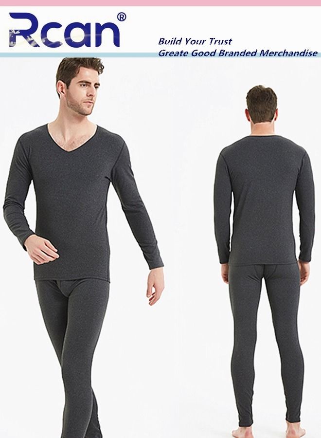 Rcan 2 Piece Men's Thermal Underwear Set Quick Drying V Neck Winter Lightweight Slim Fitting Long Sleeved T-Shirt and Long Pants Basic Layer Bottoming Shirt Set Plus Size  - Image 2