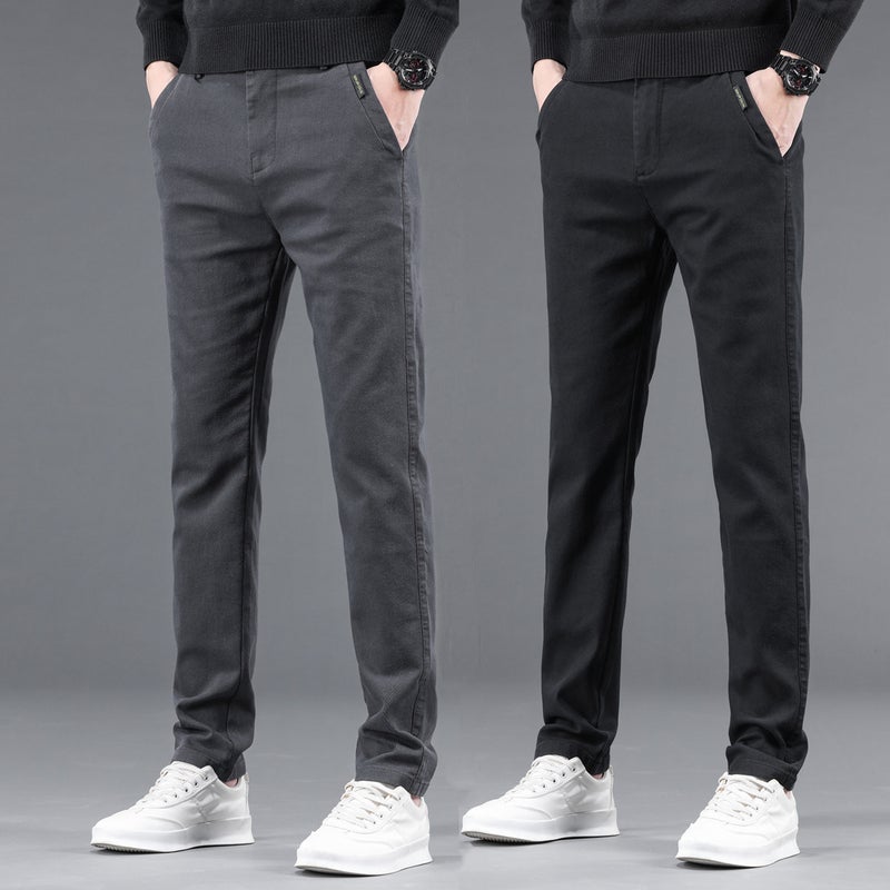 Men'S Fleece-Lined Casual Pants Slim-Fit Straight Stretch Korean Style Trendy All-Match Long Pants Boys Trendy Brand - Image 1