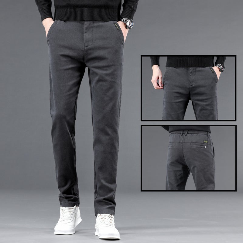 Men'S Fleece-Lined Casual Pants Slim-Fit Straight Stretch Korean Style Trendy All-Match Long Pants Boys Trendy Brand - Image 3