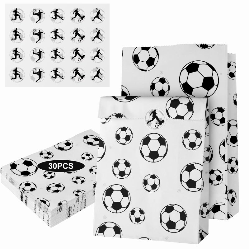 gljyoka Soccer Party Favor Bags - 30 Pack Snack Bags for Team with 40 Skills Stickers, Black & White Paper Goodie Bags for Football Birthday & Game Day Supplies - Image 1