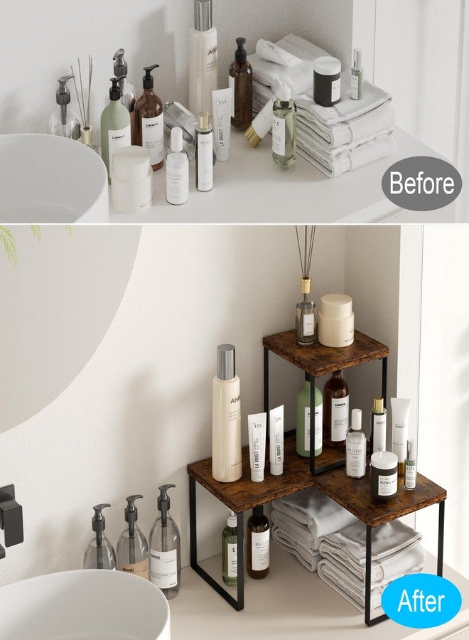 Golener Countertop Organizer Corner Shelf, 2 Tier Adjustable Stackable Corner Shelves for Kitchen, Bathroom, Spice Rack, Coffee Area, Cabinet, Dresser Table, Corner Counter Shelf Stand, Rustic Brown - Image 4