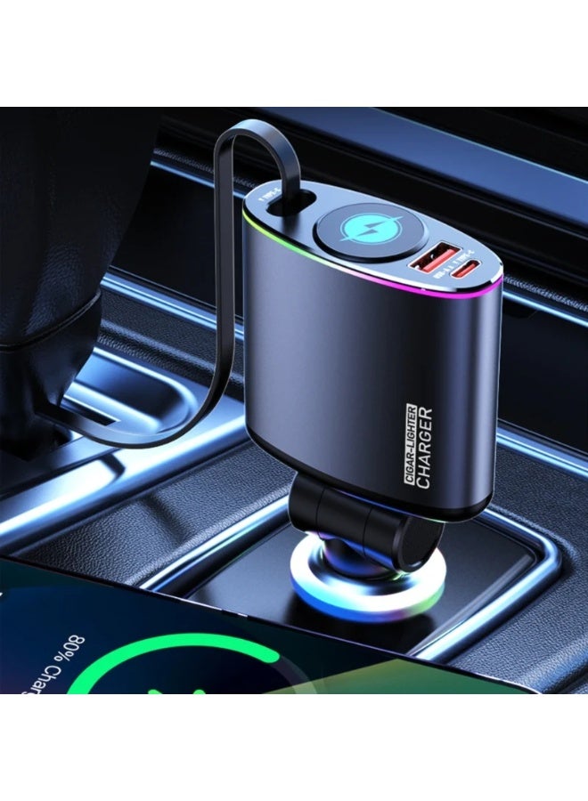 High-Speed ​​Car Fast Charging Adapter with Retractable Type-C Cable and USB Port Suitable for Phones and Mobile Devices - Image 3