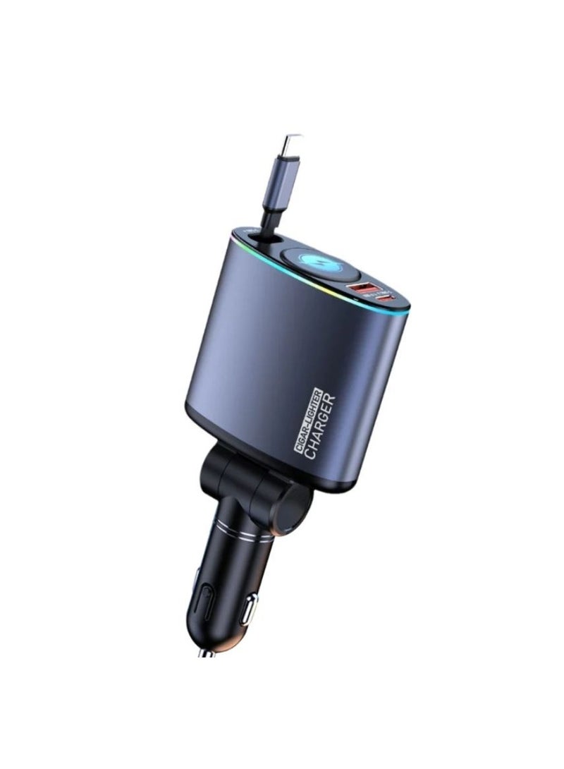 High-Speed ​​Car Fast Charging Adapter with Retractable Type-C Cable and USB Port Suitable for Phones and Mobile Devices - Image 1