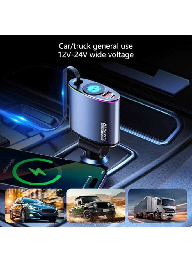 High-Speed ​​Car Fast Charging Adapter with Retractable Type-C Cable and USB Port Suitable for Phones and Mobile Devices - Image 5