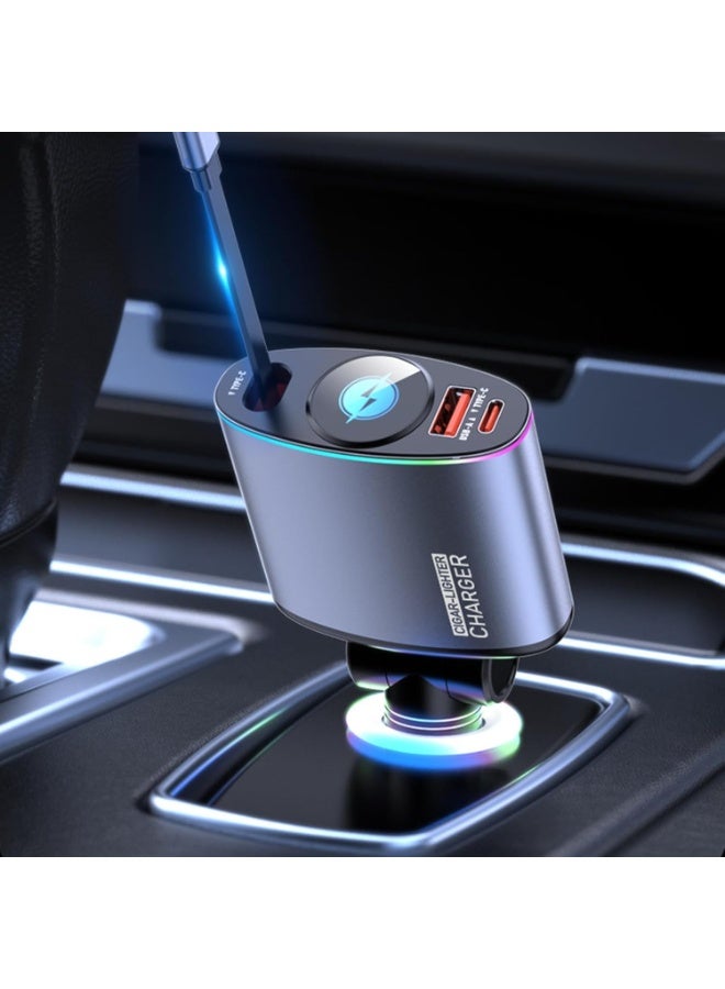 High-Speed ​​Car Fast Charging Adapter with Retractable Type-C Cable and USB Port Suitable for Phones and Mobile Devices - Image 4