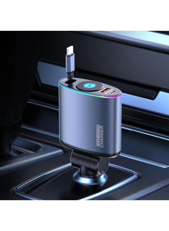 محول شحن سريع للسيارة عالي السرعة 66 وات مع كابل من النوع C قابل للسحب ومنفذ USB مناسب للهواتف والأجهزة المحمولة - Image 1