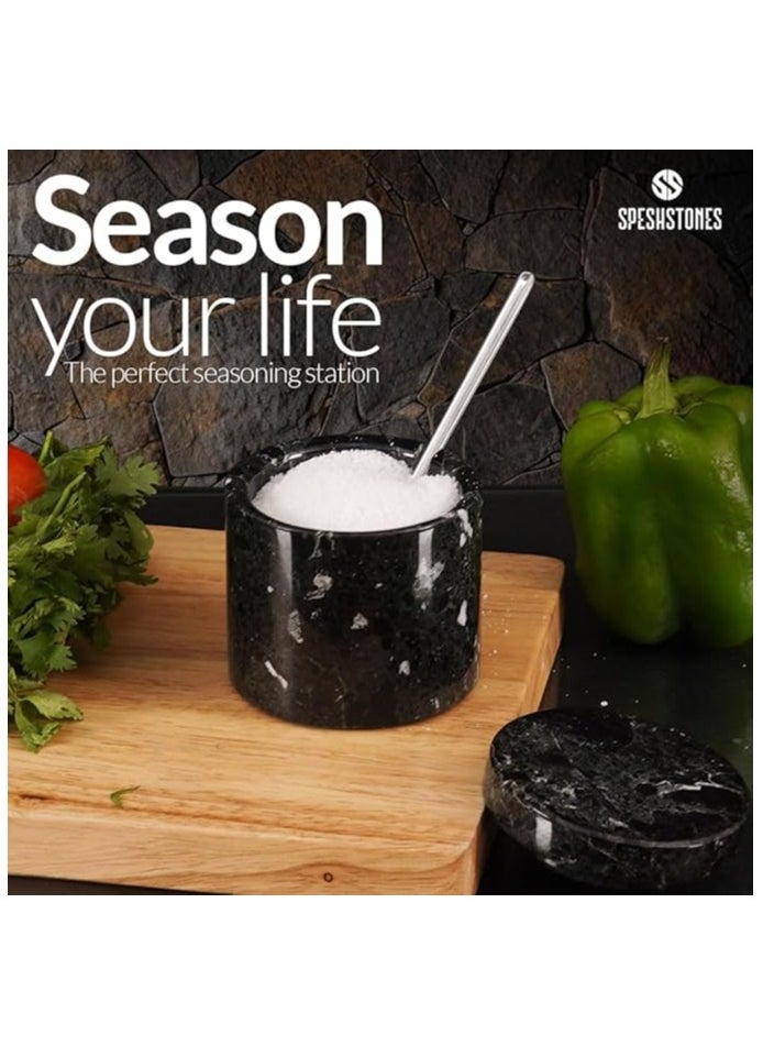 RADICALn Marble Salt Cellar With Spoon 3'' Inches Black Salt Cellar Handmade Spice Jar Seasoning Conatiners For Vintage Kitchen Decor - Salt Conatiners For Countertop, Ideal Sugar Bowl  - Image 2