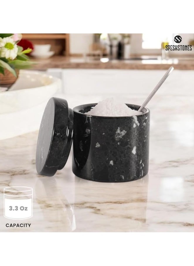 RADICALn Marble Salt Cellar With Spoon 3'' Inches Black Salt Cellar Handmade Spice Jar Seasoning Conatiners For Vintage Kitchen Decor - Salt Conatiners For Countertop, Ideal Sugar Bowl  - Image 4