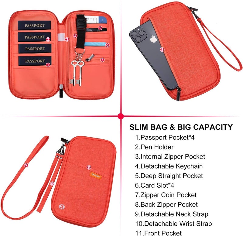 jiemei RFID Family Passport Wallet Holder Waterproof, Travel Document Organizer Credit Card Clutch Bag for Men Women (RFID Orange) - Image 3