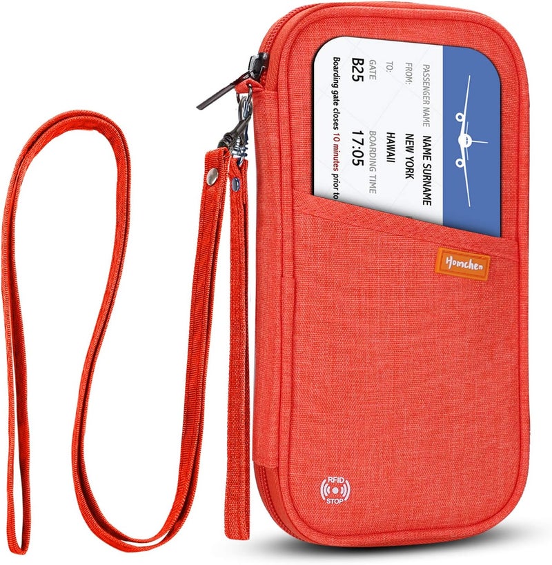 jiemei RFID Family Passport Wallet Holder Waterproof, Travel Document Organizer Credit Card Clutch Bag for Men Women (RFID Orange) - Image 1