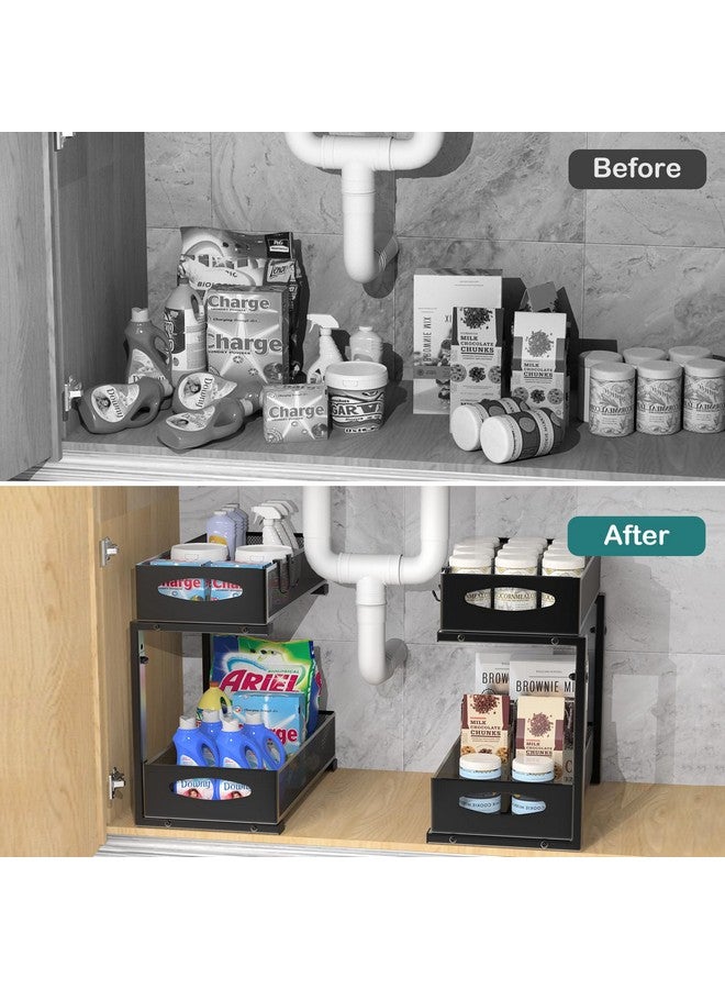 Housolution Housolution 1 Pack Under Sink Organizer, 2 Tier Metal Pull Out Under Sink Storage with Sliding Mesh Drawers, Height Adjustable Slide Out Under Sink Organizer for Kitchen Bathroom Cabinet, Black  - Image 2