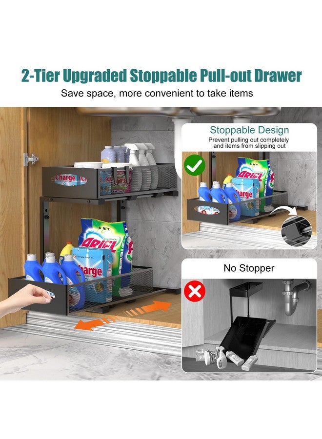 Housolution Housolution 1 Pack Under Sink Organizer, 2 Tier Metal Pull Out Under Sink Storage with Sliding Mesh Drawers, Height Adjustable Slide Out Under Sink Organizer for Kitchen Bathroom Cabinet, Black  - Image 5