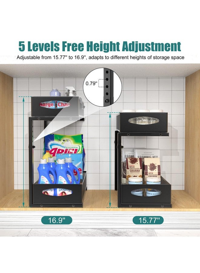 Housolution Housolution 1 Pack Under Sink Organizer, 2 Tier Metal Pull Out Under Sink Storage with Sliding Mesh Drawers, Height Adjustable Slide Out Under Sink Organizer for Kitchen Bathroom Cabinet, Black  - Image 3