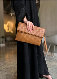 Leather pouch bag with elegant design with a wrist handle and a shoulder strap