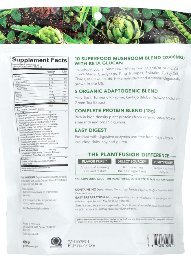 PlantFusion Organic Mushrooms + Protein Rich Chocolate 15.8 oz (448 g) - Image 2