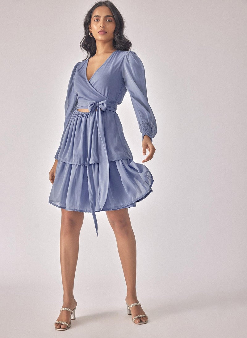 The Label Life Tiered Wrap Dress with Smocked Sleeves - Image 1