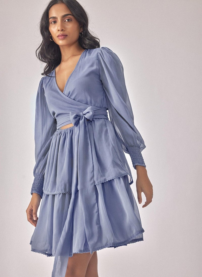 The Label Life Tiered Wrap Dress with Smocked Sleeves - Image 3