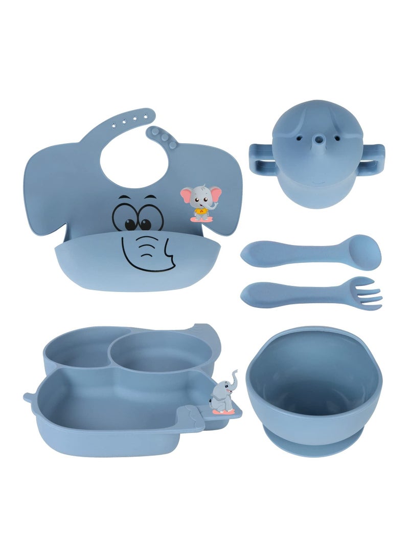 NIBEMINENT Baby Led Weaning Supplies-Silicone Feeding Sets, Suction Bowl Partition Board Bib Cup Self Spoons, baby Spoons First stage Utensils 6-12 Months, elephant, blue - Image 1