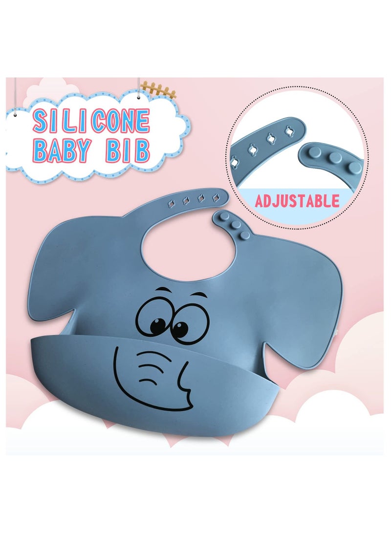 NIBEMINENT Baby Led Weaning Supplies-Silicone Feeding Sets, Suction Bowl Partition Board Bib Cup Self Spoons, baby Spoons First stage Utensils 6-12 Months, elephant, blue - Image 3