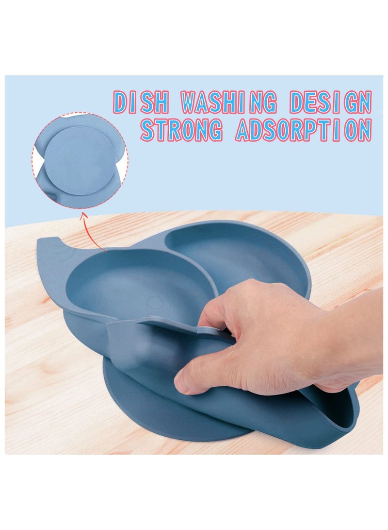 NIBEMINENT Baby Led Weaning Supplies-Silicone Feeding Sets, Suction Bowl Partition Board Bib Cup Self Spoons, baby Spoons First stage Utensils 6-12 Months, elephant, blue - Image 5