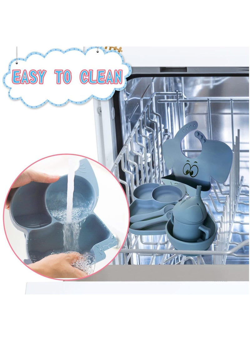 NIBEMINENT Baby Led Weaning Supplies-Silicone Feeding Sets, Suction Bowl Partition Board Bib Cup Self Spoons, baby Spoons First stage Utensils 6-12 Months, elephant, blue - Image 4