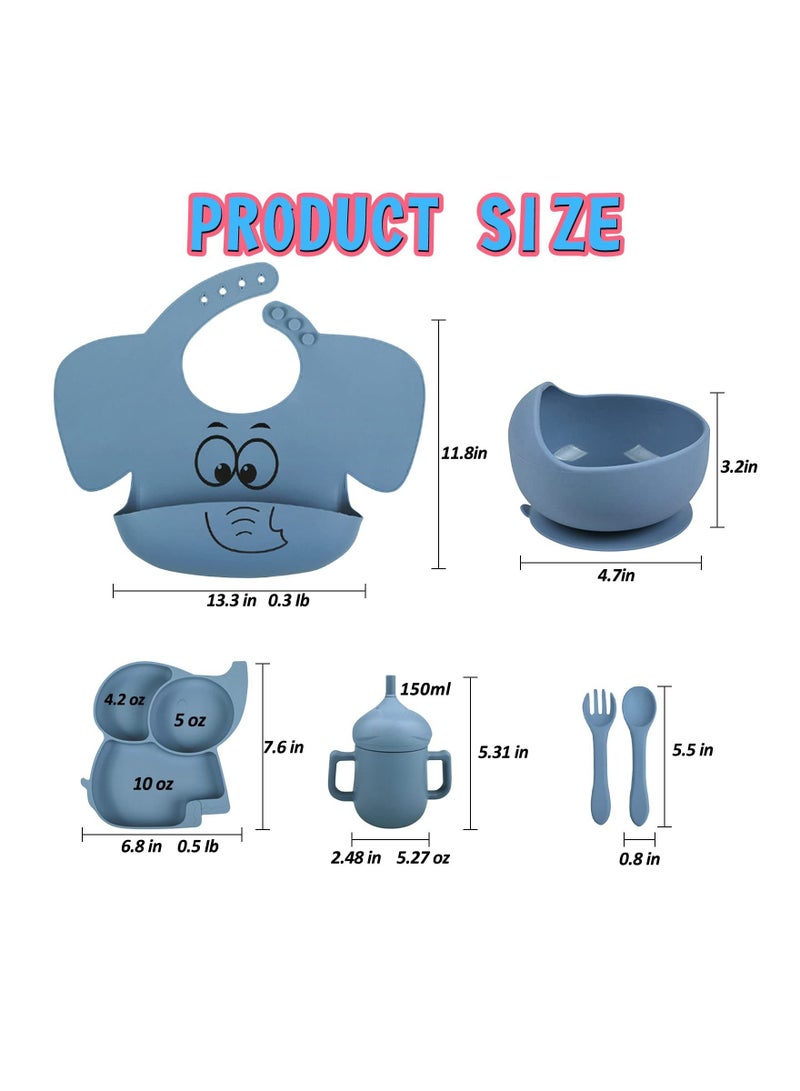 NIBEMINENT Baby Led Weaning Supplies-Silicone Feeding Sets, Suction Bowl Partition Board Bib Cup Self Spoons, baby Spoons First stage Utensils 6-12 Months, elephant, blue - Image 2