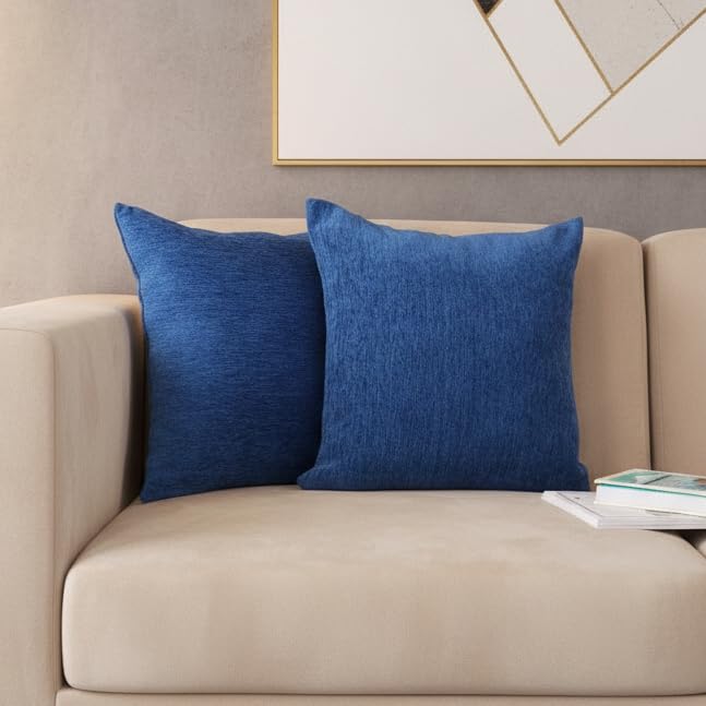 STITCHNEST Chenille Cushion Covers Set of 2 – 16x16 Inches Soft Velvet-Feel Textured Covers for Sofa, Couch, Bed, Living Room, Home, Office & Lounge Decor – Durable & Machine Washable (Blue) - Image 1
