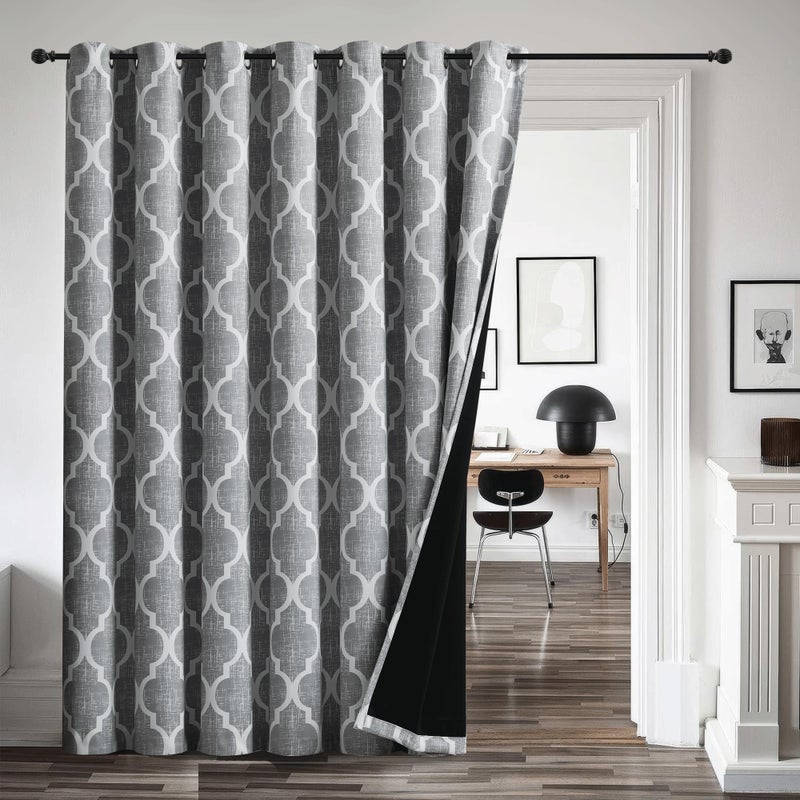 Beauoop 100% Blackout Curtains 84 Inches Long for Patio Sliding Door Grey Extra Wide Moroccan Geo Room Darkening Gray Thermal Soundproof Room Divider Grommet Window Treatment Drapes,100x84 Set of 1 - Image 1