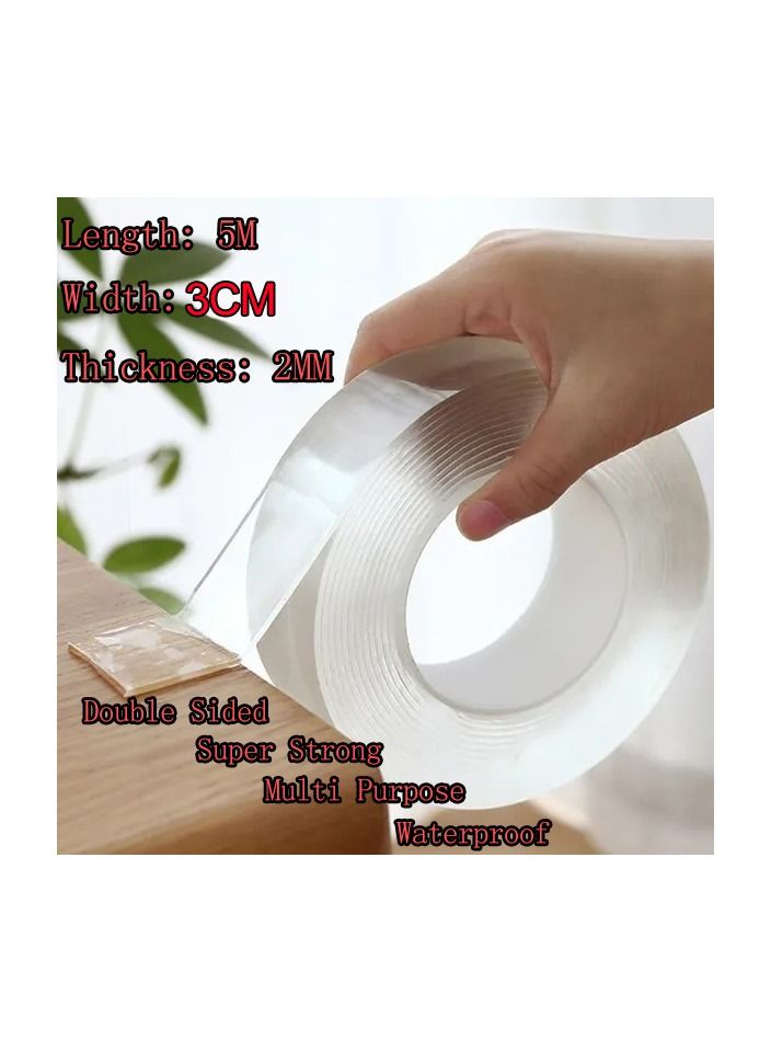 1-Roll 5M Home Improvement Multifunctional Double Sided Tape,Nano Transparent No Trace Washable Acrylic Tape,Reuse Waterproof Adhesive Cleanable Gel Sticker - Image 1