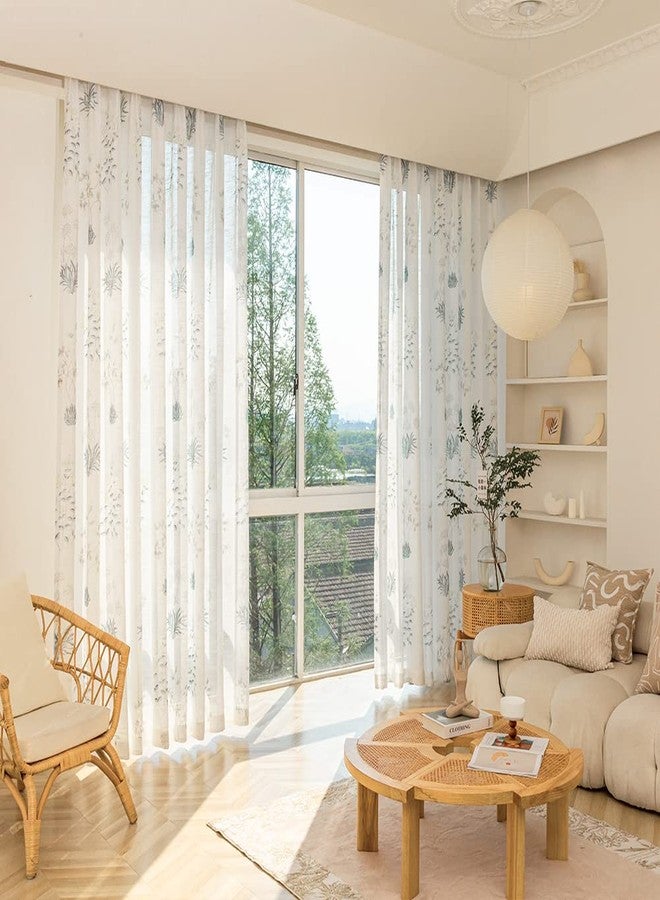 SUOUO Grey Blue Floral Semi Sheer Curtains Linen Textured for Bedroom Living Room 96 inches Long 2 Panels Rod Pocket Patterned Boho Botanical Light Filtering Window Drapes - Image 2
