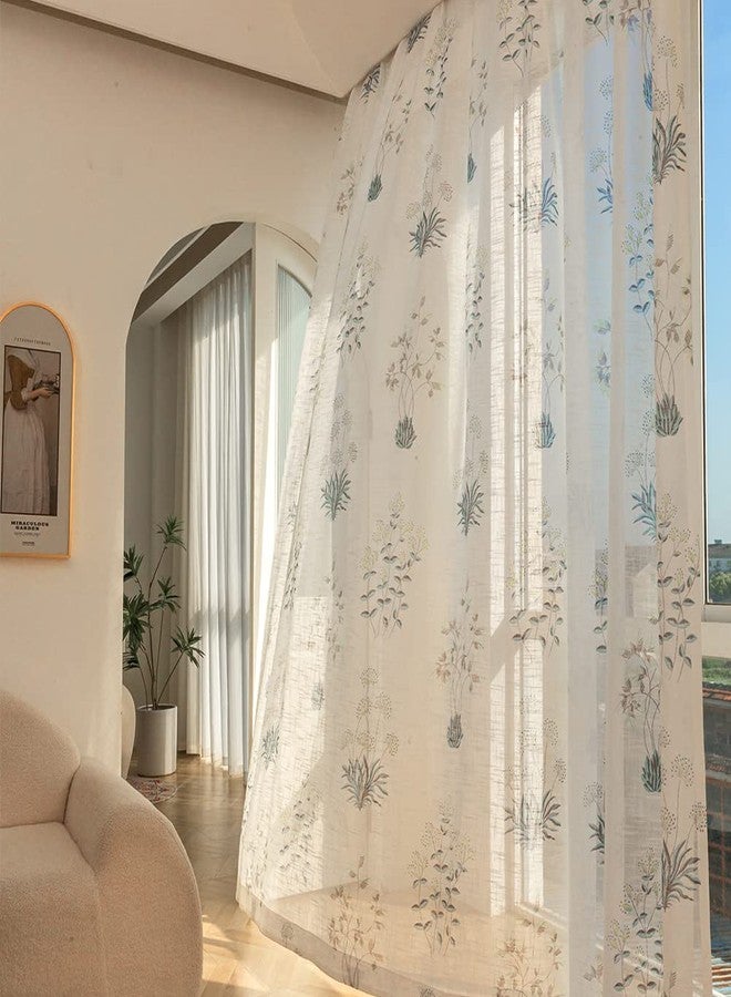 SUOUO Grey Blue Floral Semi Sheer Curtains Linen Textured for Bedroom Living Room 96 inches Long 2 Panels Rod Pocket Patterned Boho Botanical Light Filtering Window Drapes - Image 3