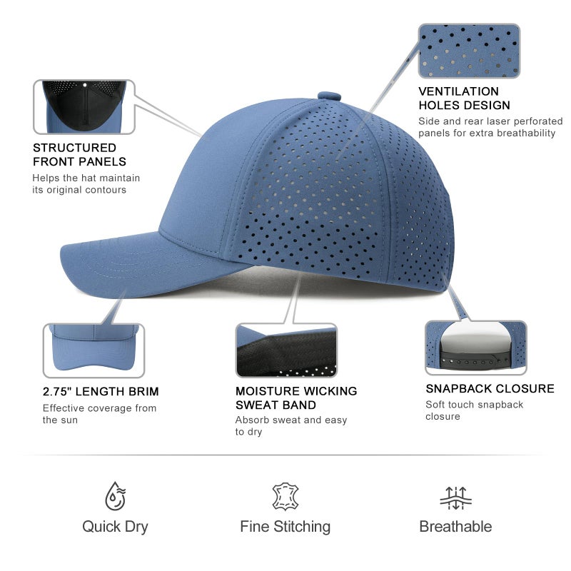 VOBOOM Men Quick Dry Baseball Cap Laser Cut Mesh Ball Curved Brim Snapback Hat (Blue) - Image 5