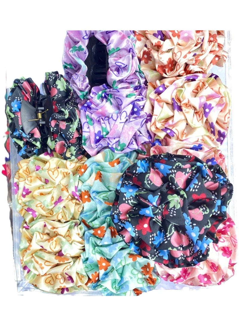 مجموعة مشابك شعر سكاي شاين، 4 قطع، متعددة الألوان، كبيرة الحجم، بنقشة باندانا - حاملات كعكة شعر مزينة بزهور من القماش المكشكش للنساء | مشابك قوية مانعة للانزلاق للشعر الكثيف والطويل والمجعد - Image 3