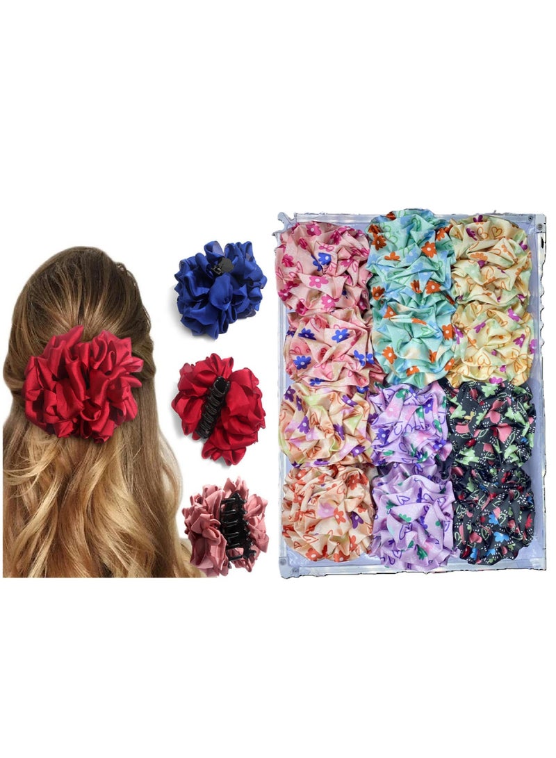 مجموعة مشابك شعر سكاي شاين، 4 قطع، متعددة الألوان، كبيرة الحجم، بنقشة باندانا - حاملات كعكة شعر مزينة بزهور من القماش المكشكش للنساء | مشابك قوية مانعة للانزلاق للشعر الكثيف والطويل والمجعد - Image 1