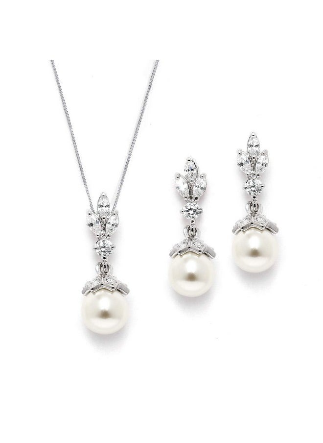 Mariell Ivory Pearl Necklace And Drop Earrings Bridal And Wedding Jewelry Set For Women, Brides, Bridesmaids Or Mother Of The Bride, Platinum Plating, Perfect Jewelry Gift For Women  - Image 1
