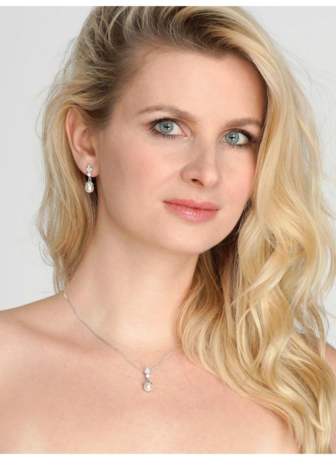 Mariell Ivory Pearl Necklace And Drop Earrings Bridal And Wedding Jewelry Set For Women, Brides, Bridesmaids Or Mother Of The Bride, Platinum Plating, Perfect Jewelry Gift For Women  - Image 2