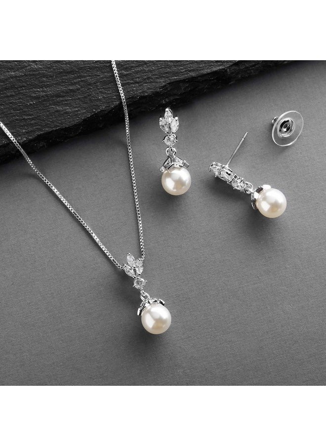 Mariell Ivory Pearl Necklace And Drop Earrings Bridal And Wedding Jewelry Set For Women, Brides, Bridesmaids Or Mother Of The Bride, Platinum Plating, Perfect Jewelry Gift For Women  - Image 3