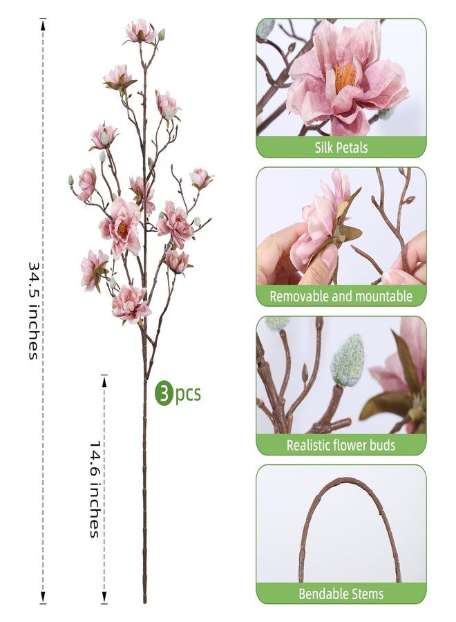 HyeFlora 3PCS Artificial Magnolia Flowers Stems for Spring Decoration, Faux Pink Magnolia Branches with Buds, 34.5" Long Stems Floral Arrangement for Vase Pot Table Centerpiece Indoor Decor - Image 3