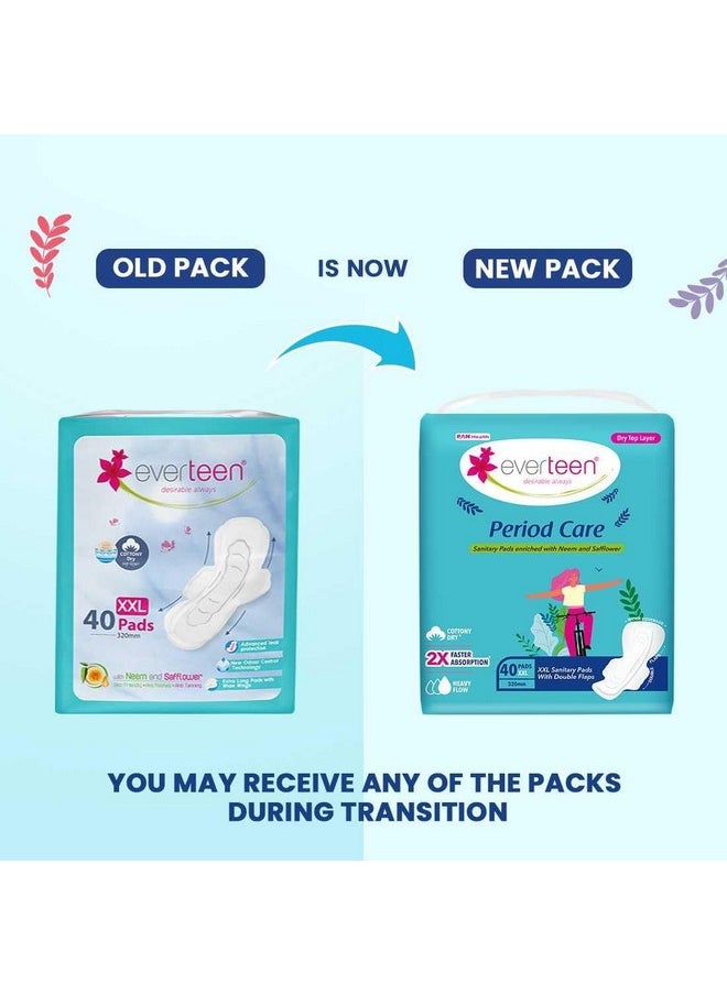 everteen - Period Care Xxl Dry Neem-Safflower Sanitary Pads For Women - 40 Pads, Rash Free, Anti Tan, Skin Friendly, Double Wing Shape, Advanced Leak Protection, Xx Large, 320Mm - 1 Pack (40 Pads) - Image 1