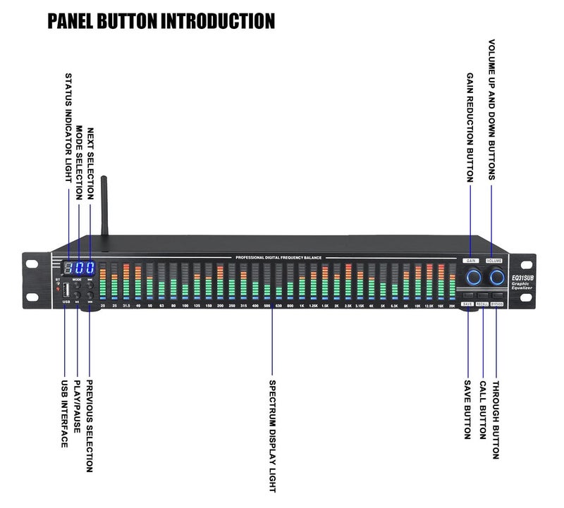 kh Professional 31-Band Digital Audio Equalizer Rack Mount Stereo Graphic EQ with Real-Time Frequency Display Noise Reduction Spectrum Analyzer Studio & Live Sound Audio Processor - Image 5