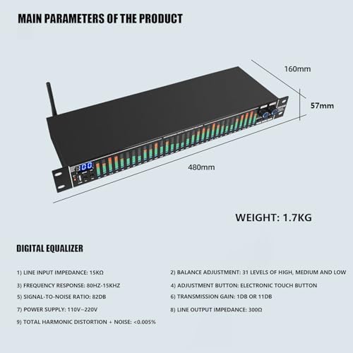 kh Professional 31-Band Digital Audio Equalizer Rack Mount Stereo Graphic EQ with Real-Time Frequency Display Noise Reduction Spectrum Analyzer Studio & Live Sound Audio Processor - Image 4