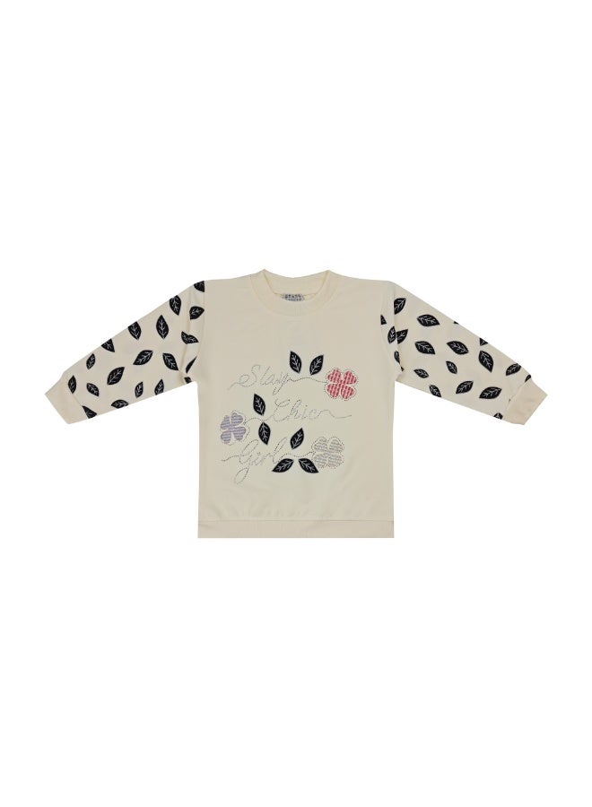 طقم سويت شيرت وبنطال بطبعة فراشات للبنات، بلوزة كريمية اللون وبدلة كاجوال بأكمام طويلة مع بنطال بخصر مطاطي، مناسب للأعمار من 3 إلى 9 سنوات - Image 3