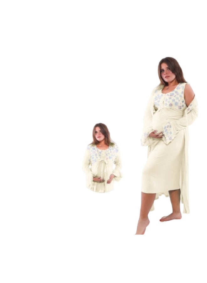 دعدوش  طقم قميص نوم مع روب طويل حريمي  بتصميم الورود لاطلالة مميزة للنساء الحوامل - Image 1