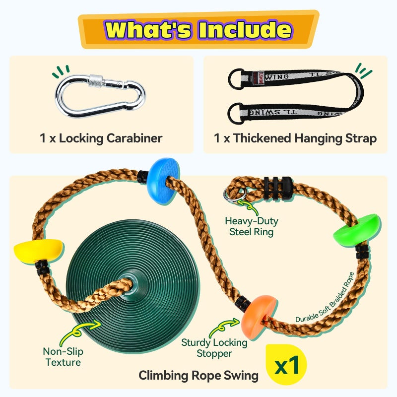 HeyZoo Tree Swing for Kids 330LB Capacity, Climbing Rope with Platforms and Disc Swing Seat Set Outdoor Backyard Playground Accessories with Carabiners and Thickened Strap, Green - Image 4